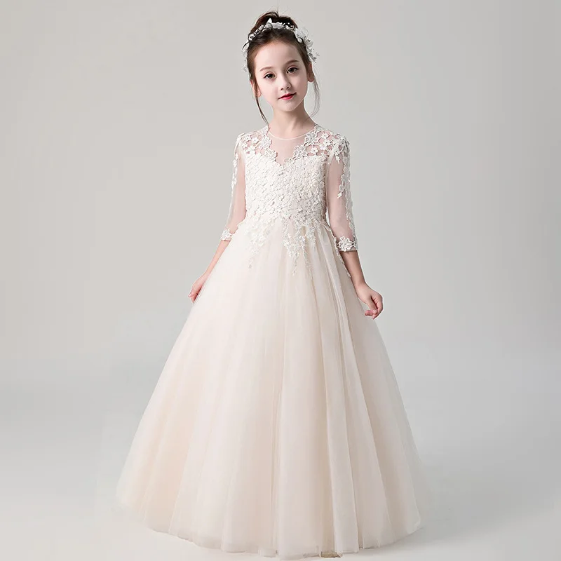 Свадебные платья для девочек с цветочным узором цвета шампанского Yiiya B037 Детское