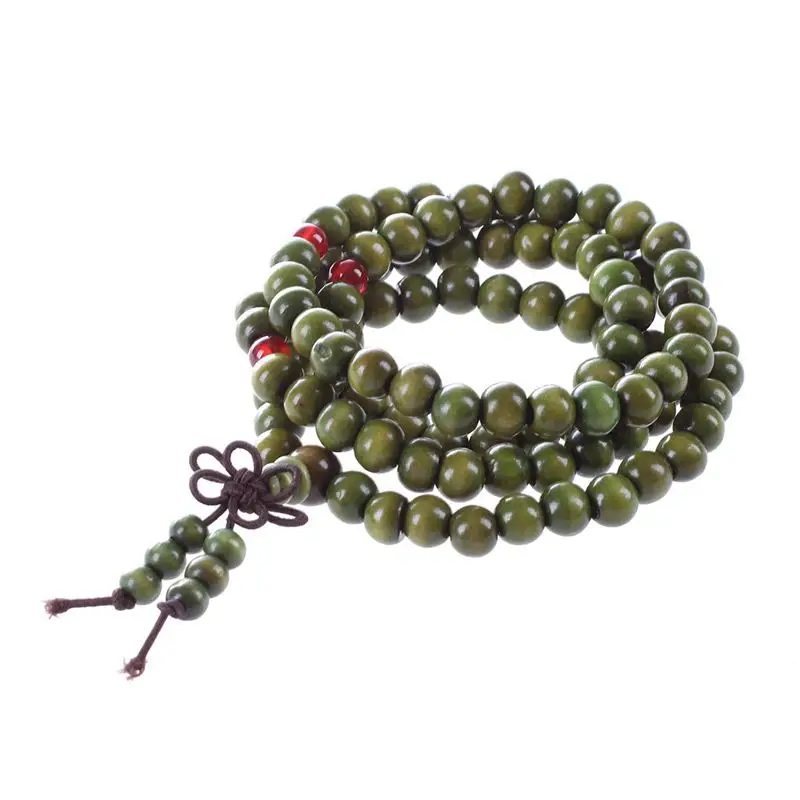 

Olive Green Sandalwood Beads Buddha Buddhist Mala Stretch Necklace Rosary 29"