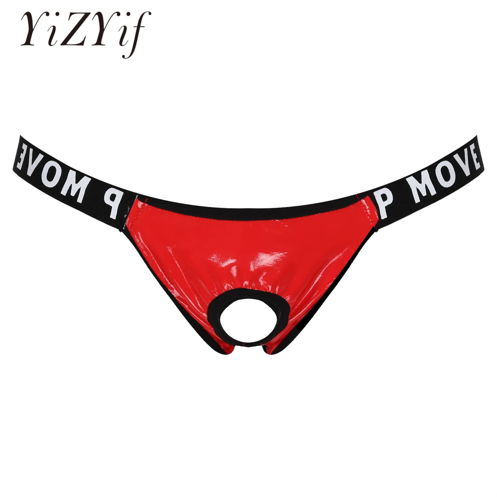 

Mens Patent Leather Bulge Pouch Lingerie Underwear Hollow Out Jockstrap T-Back Letter Print Waistband Thongs Sexy Gay Panties