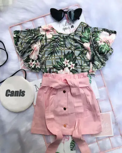 

1-4 Years Toddler Clothes Set Baby Girl Flower Printed Short Sleeve Romper Tops + Pink Mini Skirt Summer Clothes Infant Outfits