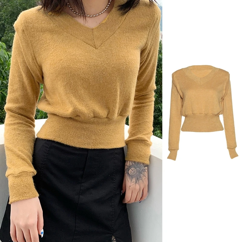 

Для женщин осень съемный Свитер с длинными рукавами, v-образный вырез, однотонная Цвет Пуловер детский комбинезон с эластичным низом повсед...