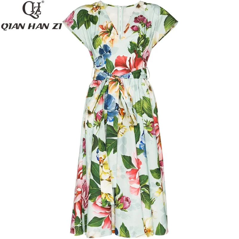

Qian Han Zi high quality designer fashion runway cotton dress V-neck summer dress elegant flower print blue holiday beach dress