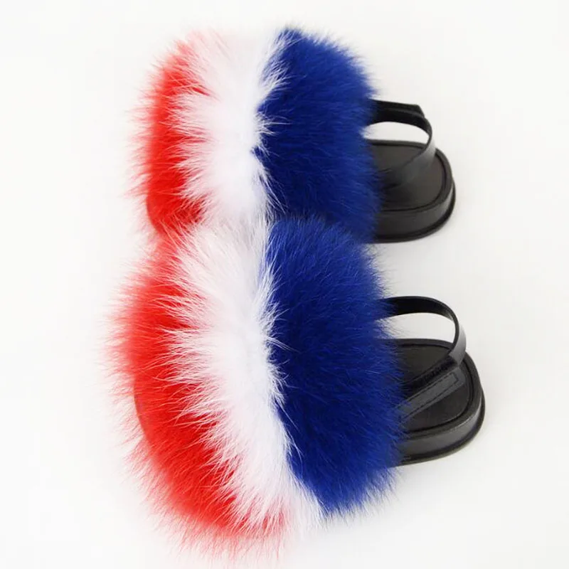 New kids Back Strap Fur Sandals Child Fluffy Slippers Furry Sandals FOX Fur Slides kids Plush Raccoon Fur Shoes EU Size 24-29