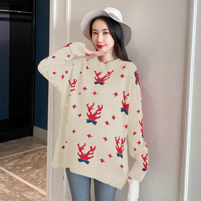 Вязаные свитера для беременных с рождественским принтом осень-зима 2019 Модный