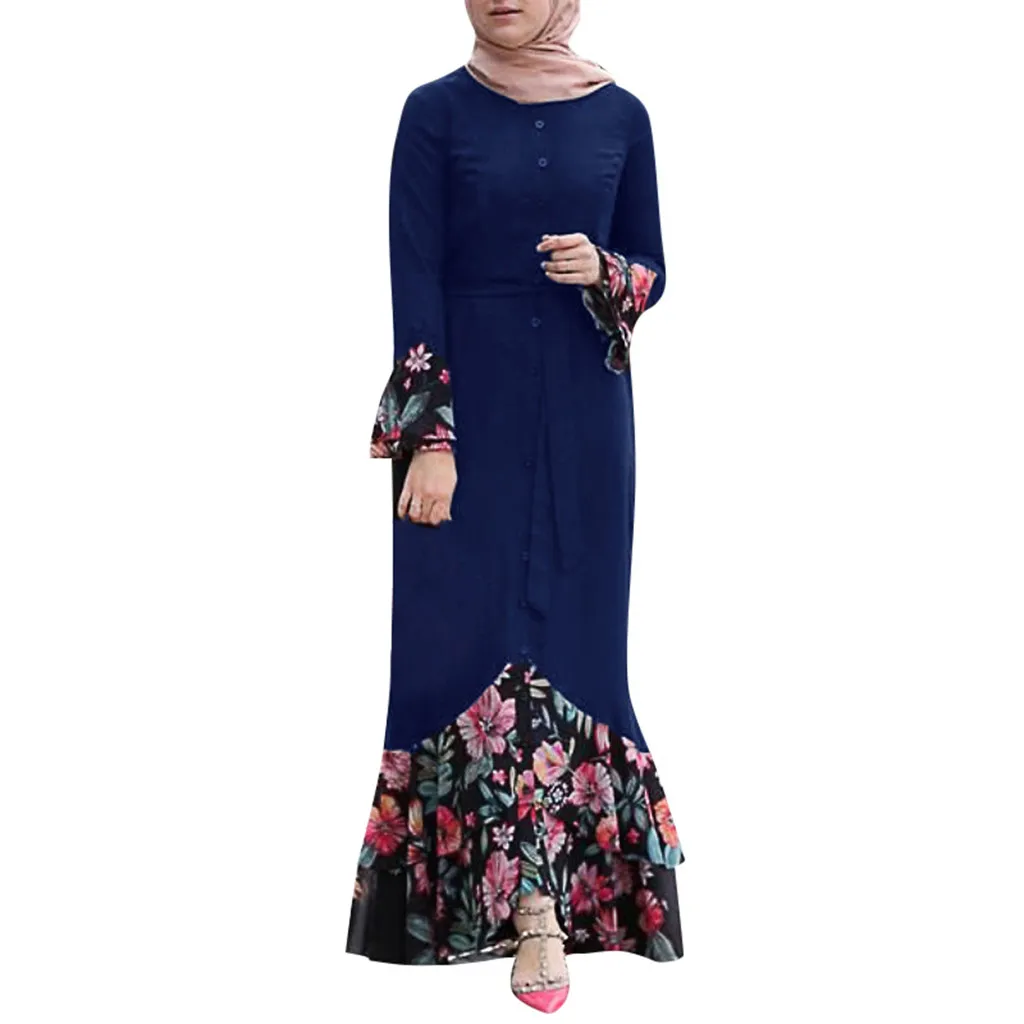 Blue KLV Дубай Абая, для мусульман женщин нарядное платье в арабском стиле Vestidos с длинным рукавом цветочный принт Макси платье хиджаб платье без рукавов Турецкая одежда - Цвет: Blue