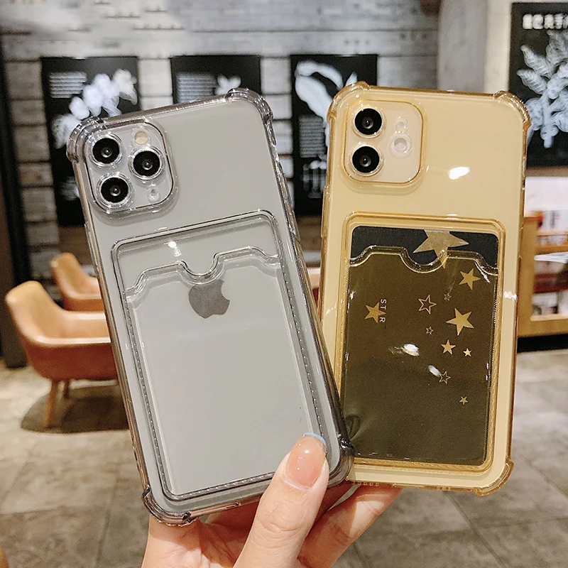 

Card Holder Wallet Clear Case For iPhone 11 12 Pro Max 12 Mini XS X XR 7 8 Plus SE 2020 Air Cushion Shockproof Transparent Cover