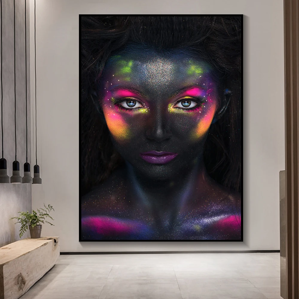 

African Black Skin Colorful Makeup Modern Sexy Art Canvas Painting Poster and Prints Black Girl Wall Art Picture For Living Room