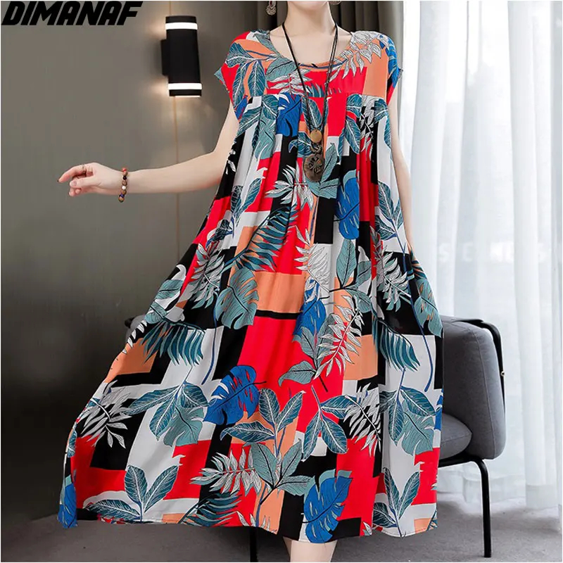 

DIMANAF 2021 Oversize Summer Dress Women Beach Sleeveless Sundress Floral Lady Vestidos Dress Vest Casual Loose Oversize Dress