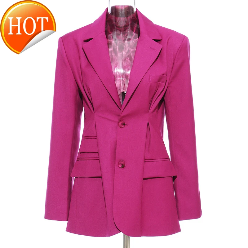 

Spring Women Chic Ruched Blazer Autumn High Waist Tunic Blazer Coat