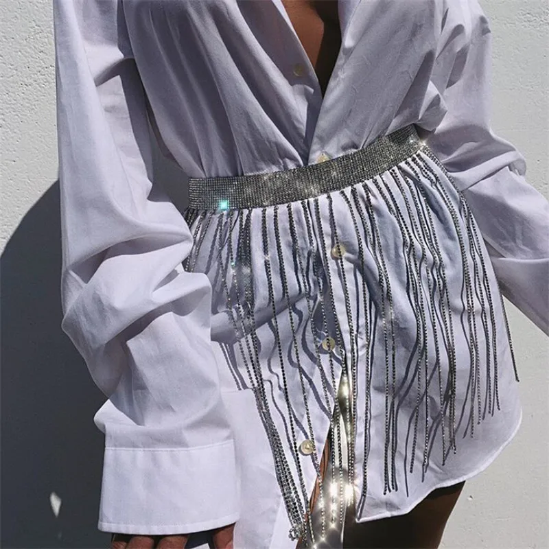 Ремень женский со стразами Золотая цепочка с длинной бахромой | Аксессуары для