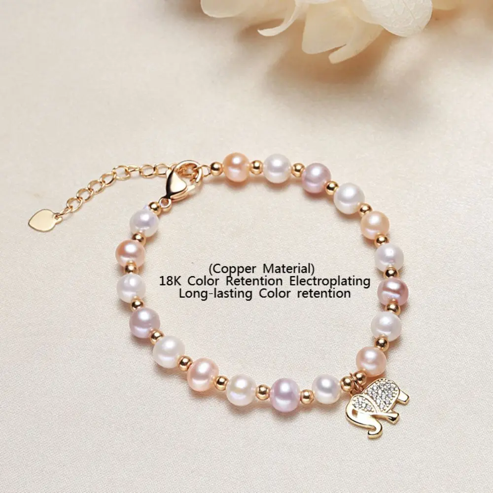 

18K Gold Plated Bracelet 55-6mm Natural Freshwater Oval Pearl Lovely Elephant Charm Bracelet Women Wedding Jewelry Gift