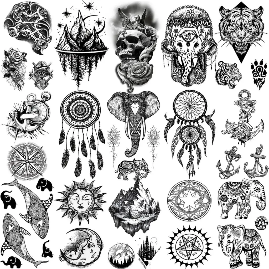 

Black Henna Elephant Temporary Tattoos For Women Adult Men Kids Cross Tiger Whale Mountain Anchor Fake Tattoo Neck Small Tatoos