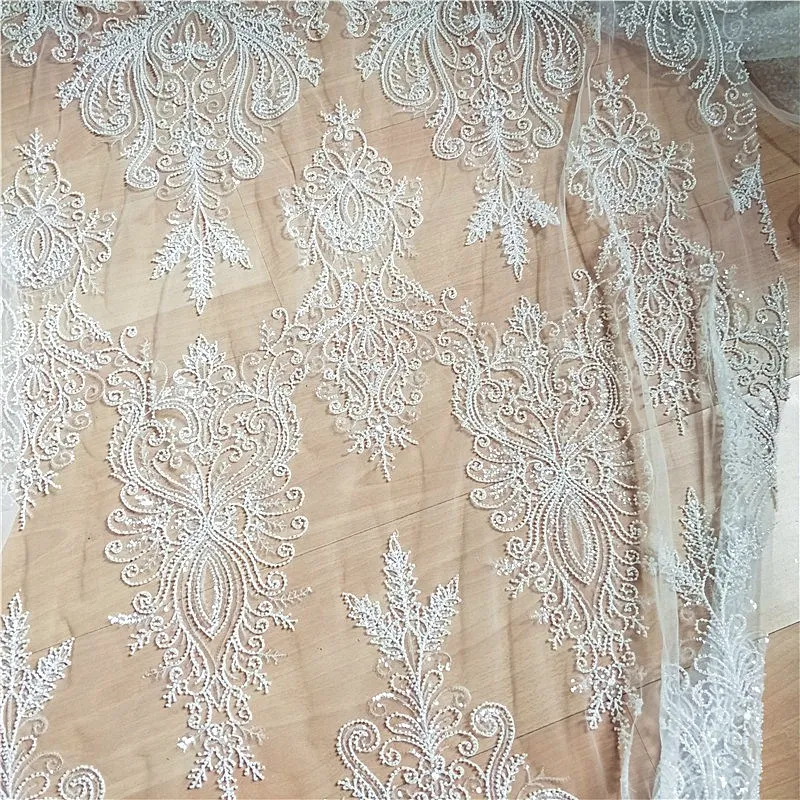 

NEW High end wedding lace bride gowns dress lace with beads sequins Rayon! European style Beaded lace fabric Ivory 1 yard!