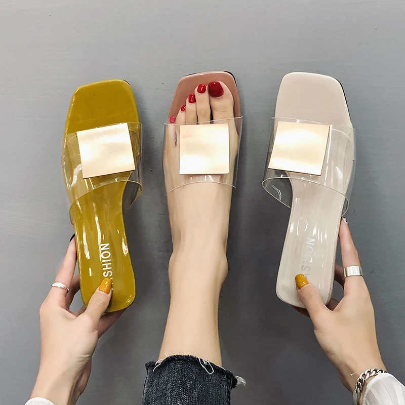 Summer Clear Transparent Slippers Mules Slides Women Metal Buckle Square Low Heel Sandals Peep Toe Ladies Sexy Shoes Mujer 2020 | Обувь