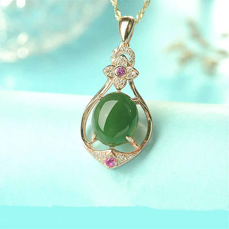 Овальный Кулон из натурального зеленого нефрита с халцедоном ожерелье серебра 925