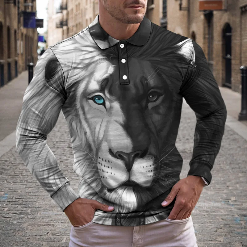 

Autumn Winter Men's Polo Long Sleeve Lapel Button 3D Print Ferocious Animal Male Top Pullover Hip-hop Casual Street Style