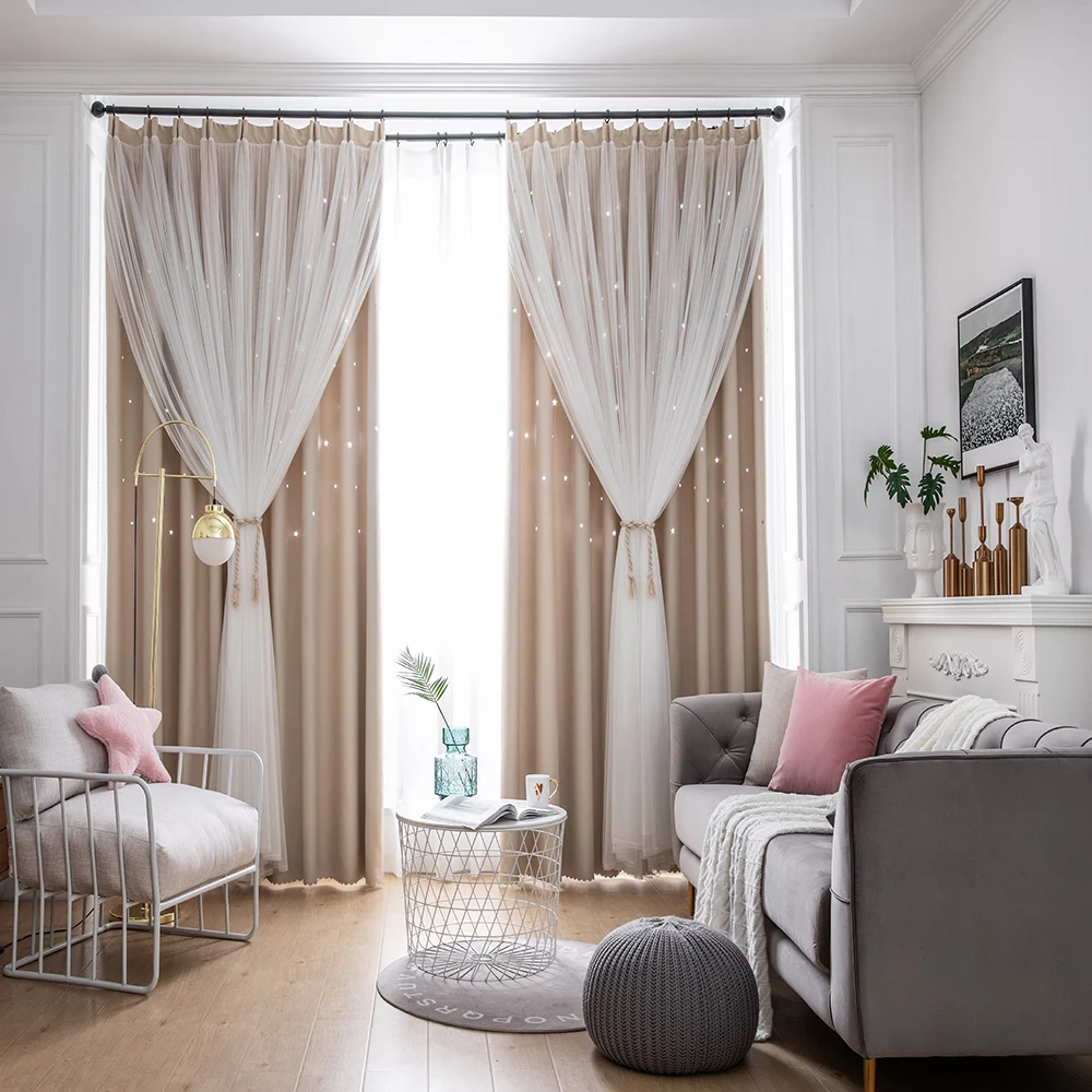 

Modern Gradient Color Hollow Star Curtain Bedroom Full Blackout Window Curtains Sheer Tulle Made Finished Drapes Blinds Tend