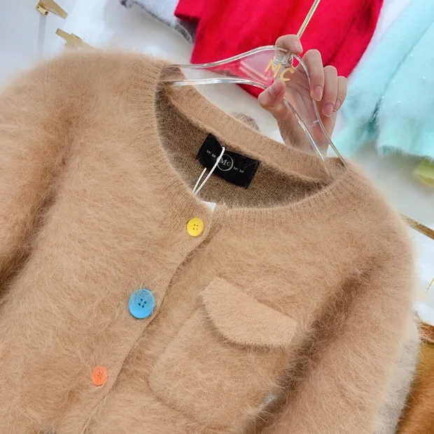 Casual Synthetic Mink Cashmere Sweater Women Coat Korean Style O Neck Pocket Colorful Button Up Cropped Fuzzy Cardigan Knitted images - 6