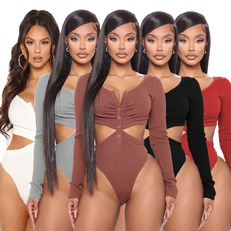 

Женское осеннее боди с длинным рукавом, модный однотонный комбинезон с V-образным вырезом, облегающий повседневный комбинезон в стиле пэчво...