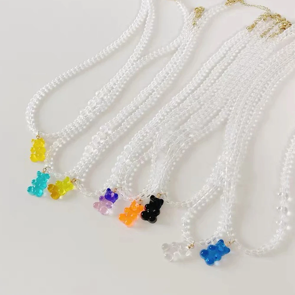 

2021 New Candy Cute Gummy Bear Transparent Beaded Necklace For Women Girls Stylish Neck Chain Cartoon Choker Korea Daily Jewelry
