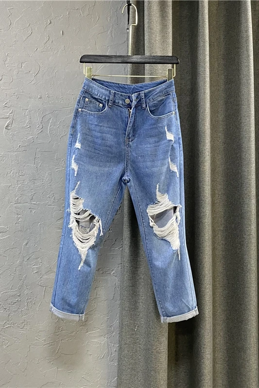 

Beggar Ripped High Waist Jeans Women's Summer Wear 2021 Loose Large Size Wide Leg Denim Pants Female Korean Baggy Pants