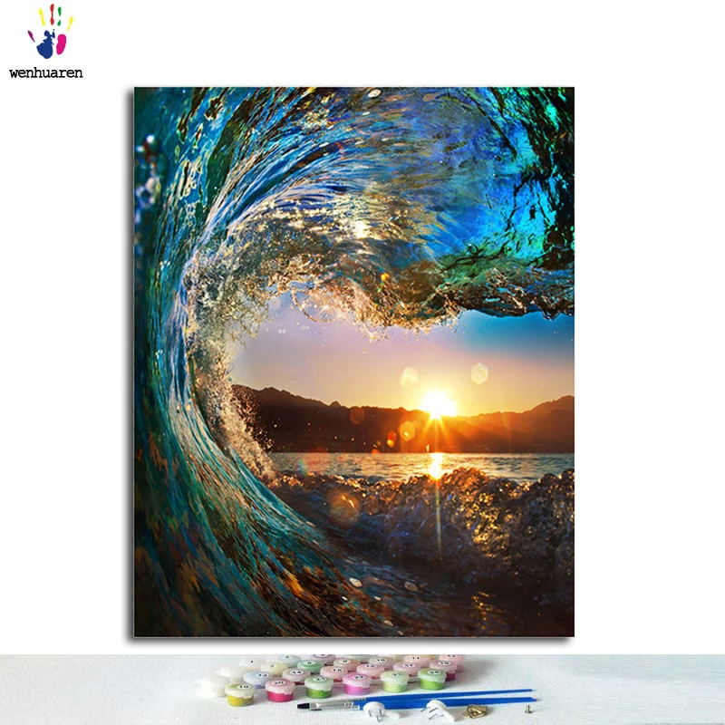 

Paint by number, paint with paint, sunrise in the waves, digital painting according to the picture, home decoration