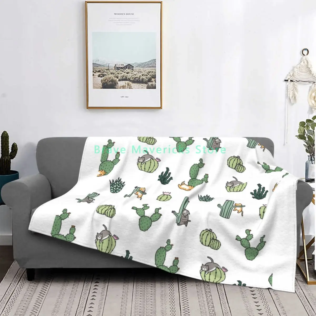 

Кошачье одеяло с кактусами, Коралловое флисовое плюшевое весенне-осеннее милое многофункциональное супертеплое одеяло с животными для дом...
