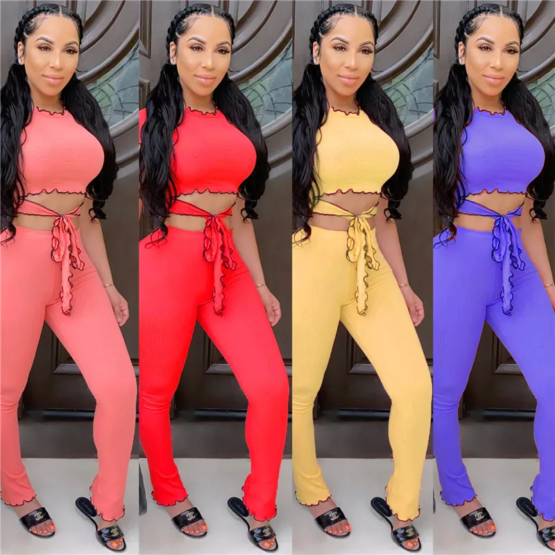 

2020 New Women Fashion O-neck Ruffles Lace-up Short Sleeve T-shirt Tops High Waist Bodycon Long Pants Trousers 2Pcs Outfits S-XL