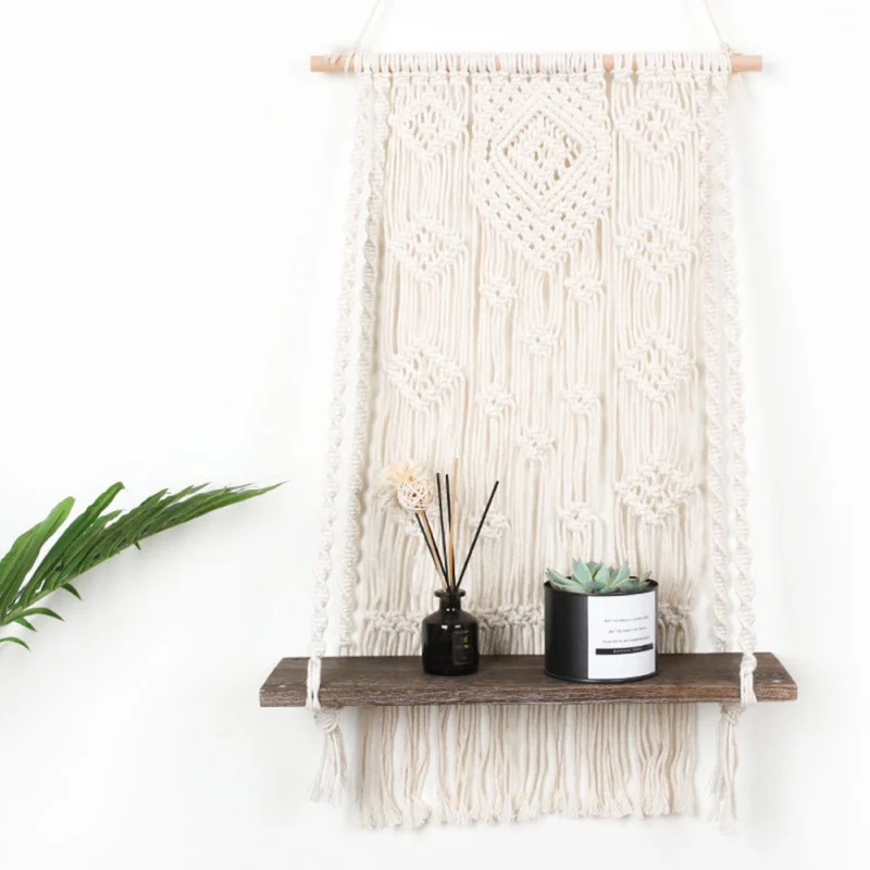 

Wooden Woven Tapestry Rope Swing Wall Hanging Plant Flower Pot Tray Boho Mounted Floating Wall Shelves Nordic Home Decoration