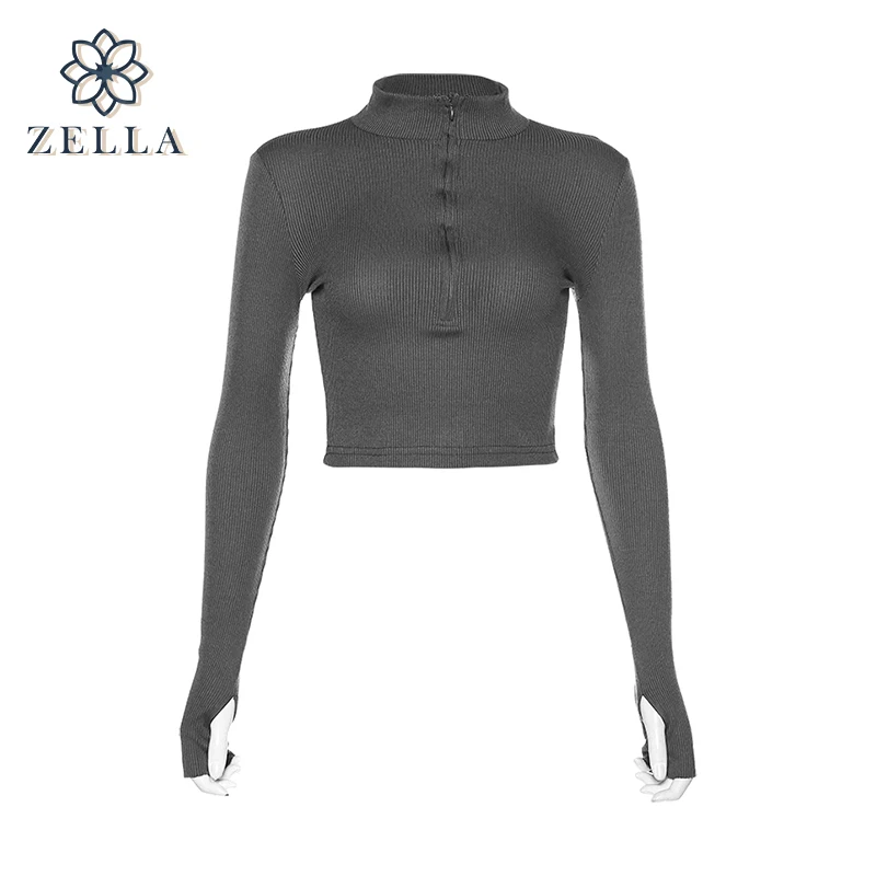 

Элегантный вязаный джемпер с высоким воротником и молнией спереди, свитер, Женский однотонный базовый укороченный пуловер, модная одежда н...