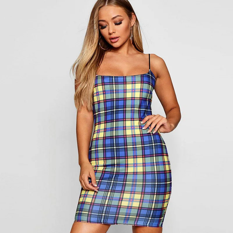 

2020 summer new women's sling check contrast mid-length dress women