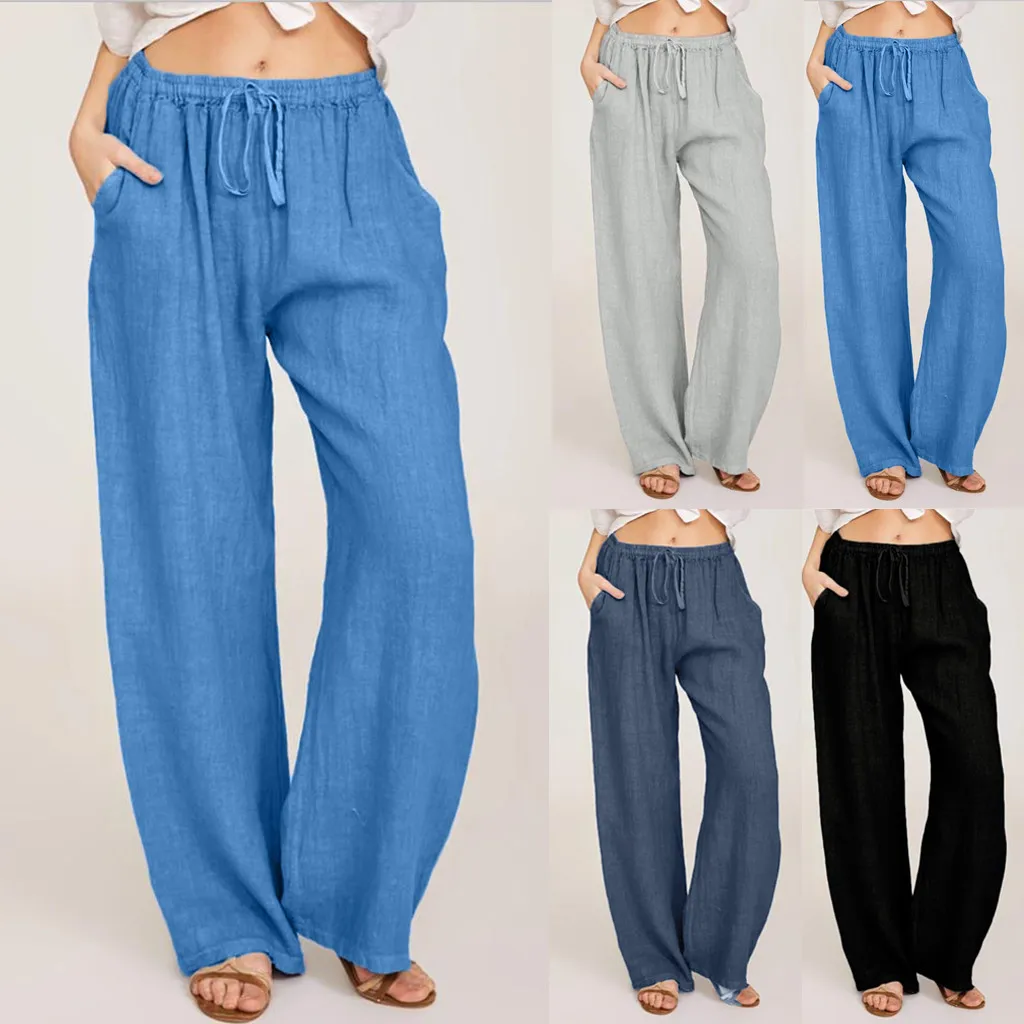 

Summer Fashion Pants Plus Size 3xl Women Casual Solid Cotton Linen Pockets Loose Drawstring Elastic Waist Long Wide Leg Trousers
