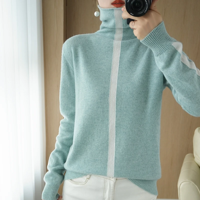 

2021 winter new women's pullover 100% pure wool sweater casual stitching high-neck cashmere sweater ladies top