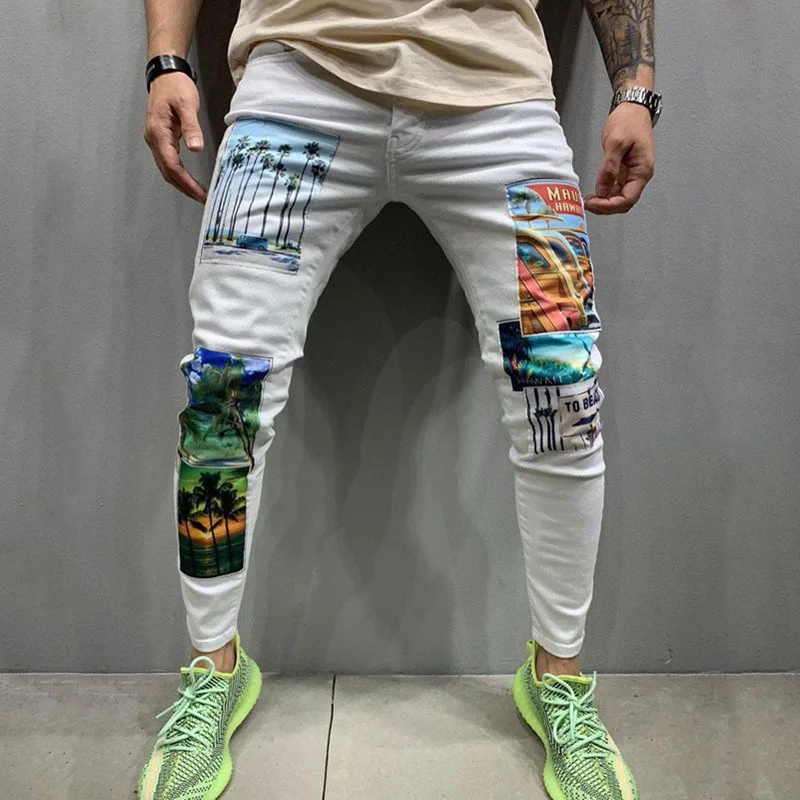 

Men Jeans New Korean Version Trend Printed Jeans Men Slim Straight Casual Mid Waist Mens Denim Pants Fashion Long Pencil Pants