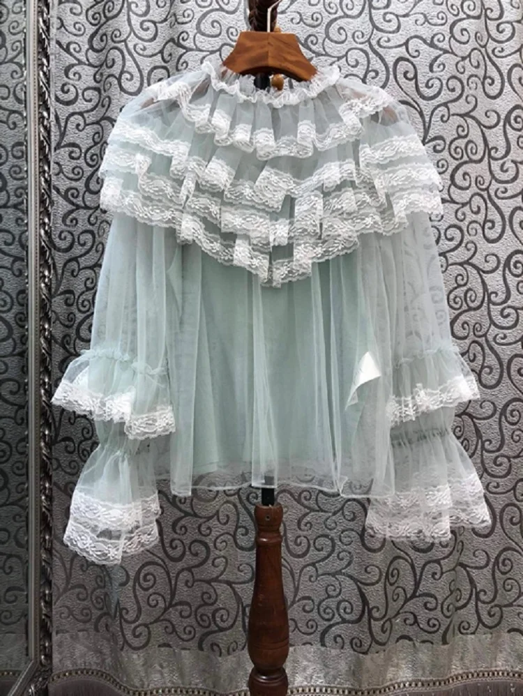 

2020 Summer Fashion Pink Green Blouses Top Quality Women Cascading Ruffle Lace Patchwork Flare Sleeve Sexy Mesh Blouses Tops