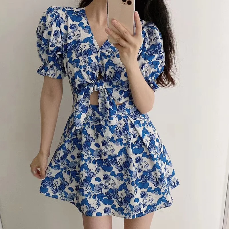 

Women Lace-up Waist Short-sleeved Dresses Sexy V-neck Female Floral Summer Dress