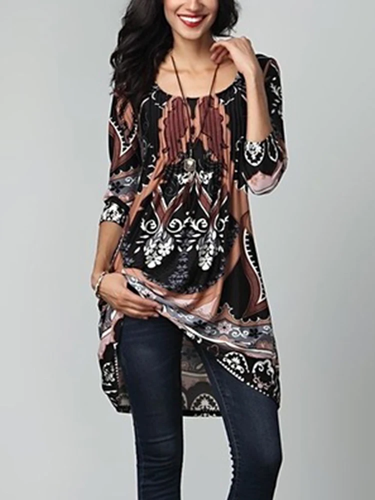 

2020 Spring and Autumn Women's casual fashion loose sexy round neck seven-point sleeve printed dress to thigh plus size S-5XL