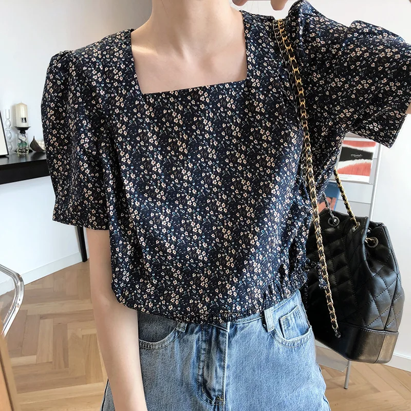 

Summer Crushed Flower Short-sleeved T-shirt New Korean Fashion Casual Square Collar Puff Sleeve High Waist Women's Short Tops