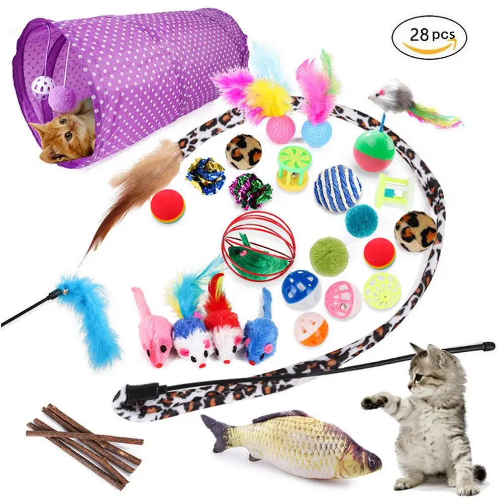 

28 шт., игрушка для кошек, 2 туннеля, рыба, мышь, перья, забавные игрушки, кошка, щенок, Китти, набор жевательных палочек