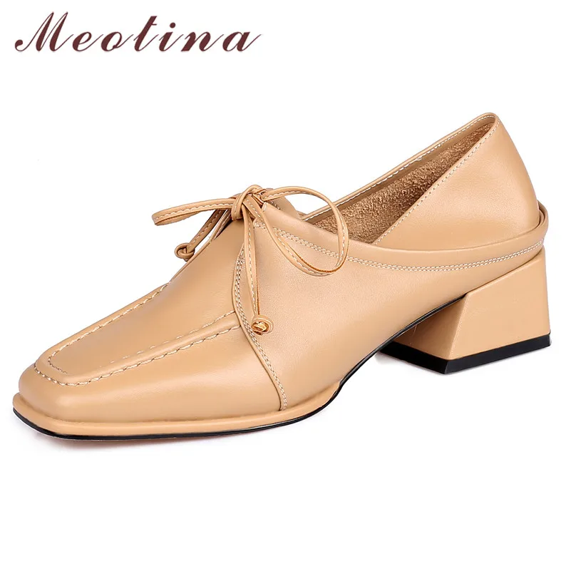

Туфли Meotina женские из натуральной кожи, туфли на среднем каблуке, квадратный носок, блочный каблук, на шнуровке, Красивая весенняя обувь абри...