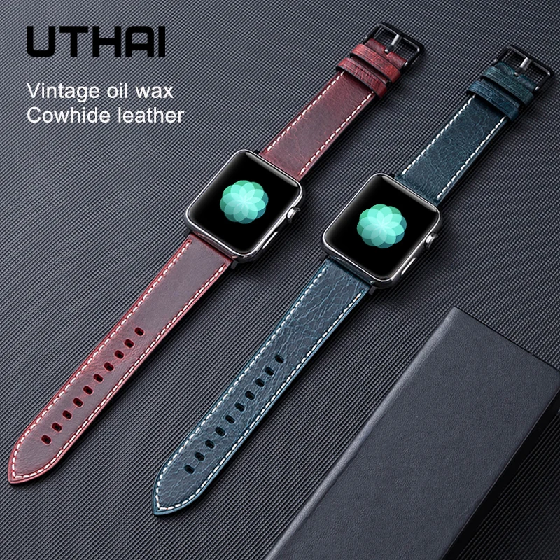 

Vintage oil wax leather strap For apple watch band 44mm 40mm 38mm 42mm Cowhide watchband for iWatch Series 6 SE 5 4 3 UTHAI A74