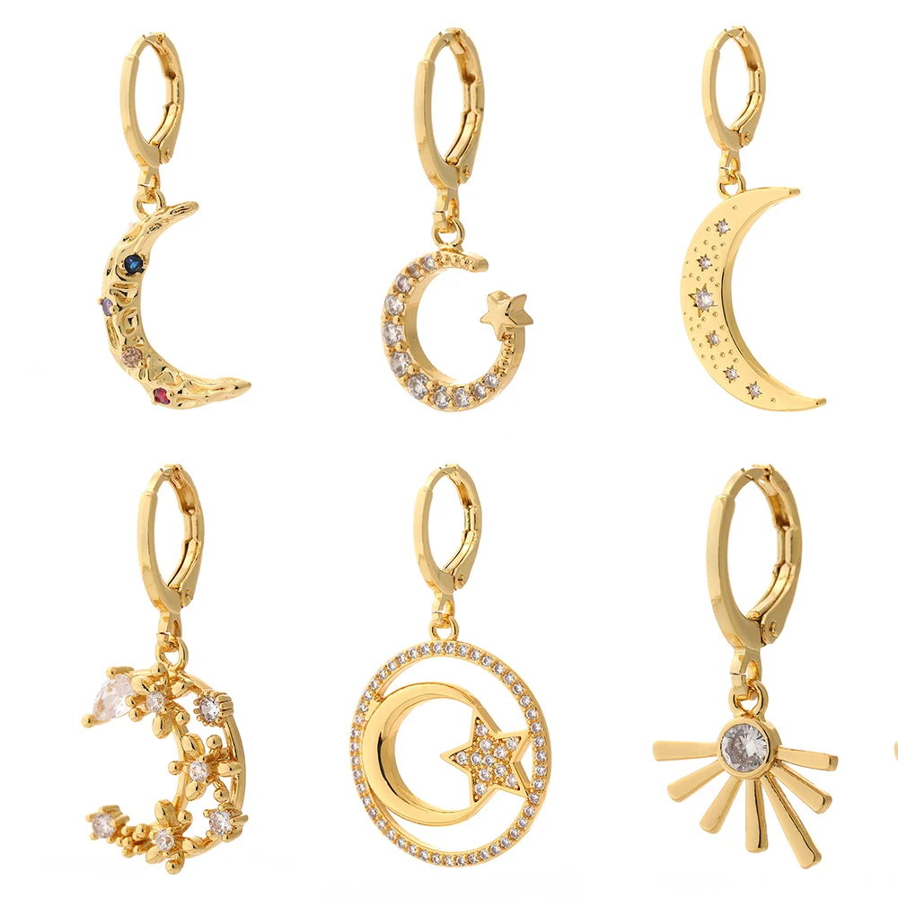 

Moon Earrings for Women Gold Dangle Earrings Micro Pave Zircon Paired Earring Female Trendy Punk Party Korean New Fashion 2021