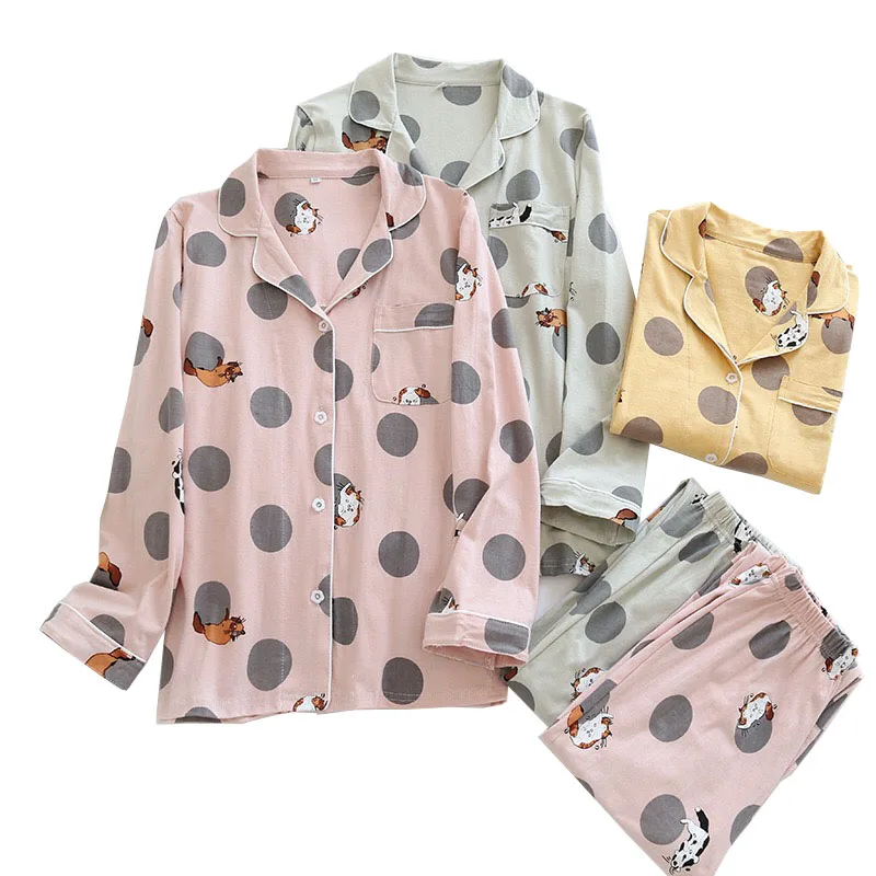 

2020 Autumn Ladies Soft Thin Pajamas Set Cute Cartoon Cat Priinted Turn-Down Collar Top+Pants 2Pcs Cotton Homewear Casual Wear