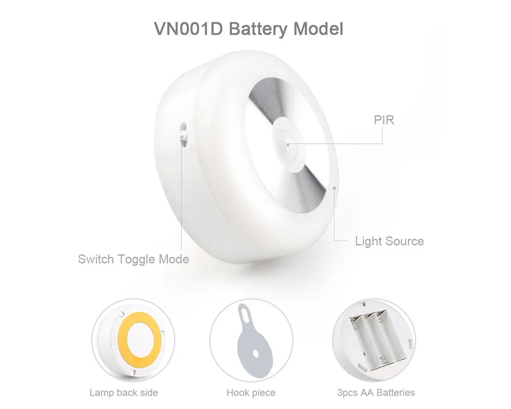 

3 Modes LED Night Light Motion Sensor Lamp Cordless Battery-Powered for Closet Stair Hallway Bathroom Bedroom Kitchen