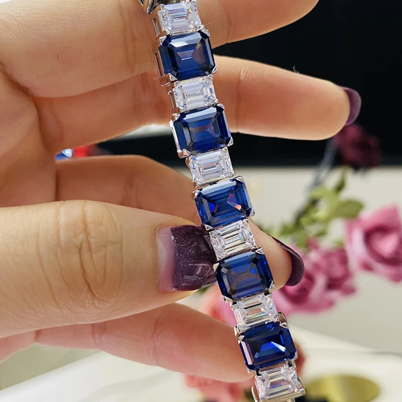 

Knobspin 100% 925 Sterling Silver Blue Cut Wedding Bracelets For Women High Carbon Diamond Party Fine Jewelry Wholesale