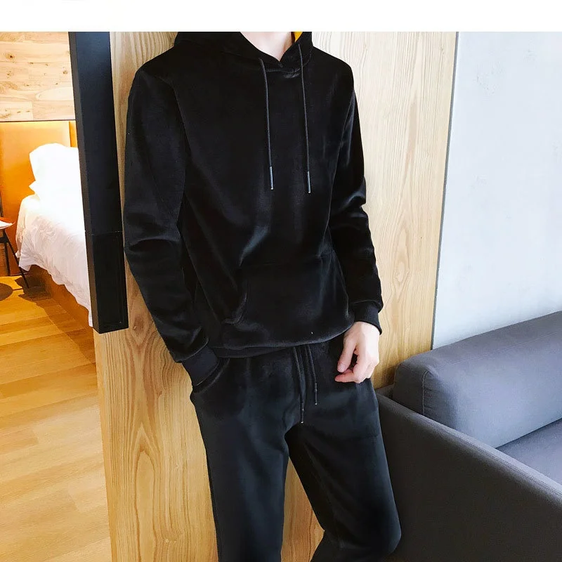 

2021 2 Pieces Set Golden Velvet Tracksuit Men Soft Warm Hooded Hoodies and Pants Casual Track Suit Men Autumn Outfit