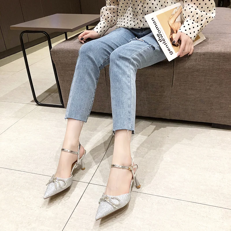 

Sandals Stiletto Heels 2021 Summer Retro Woman Shoes Buckle Strap Suit Female Beige Shallow Mouth Original Fashion Pointed Comfo