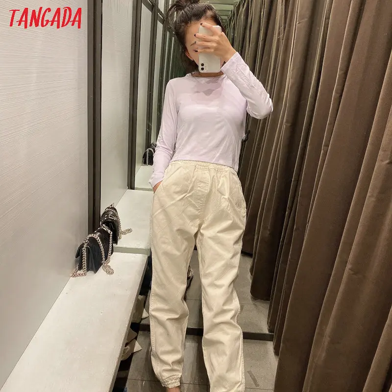 Tangada, модные женские свободные бежевые джинсы, длинные брюки, растягивающиеся на талии, свободные уличные Женские джинсовые штаны 6P19