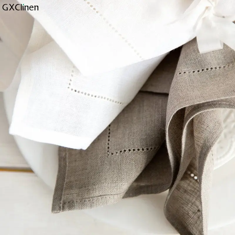 12 шт. белые салфетки из натурального льна с окантовкой Коктейльные для вечерние