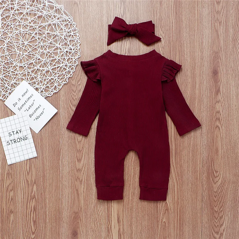 Newborn Baby Girls Boys Clothes Knitted Ruffle long sleeve Button round neck Romper solid bow Headband 2pc kids Autumn Outfits | Детская